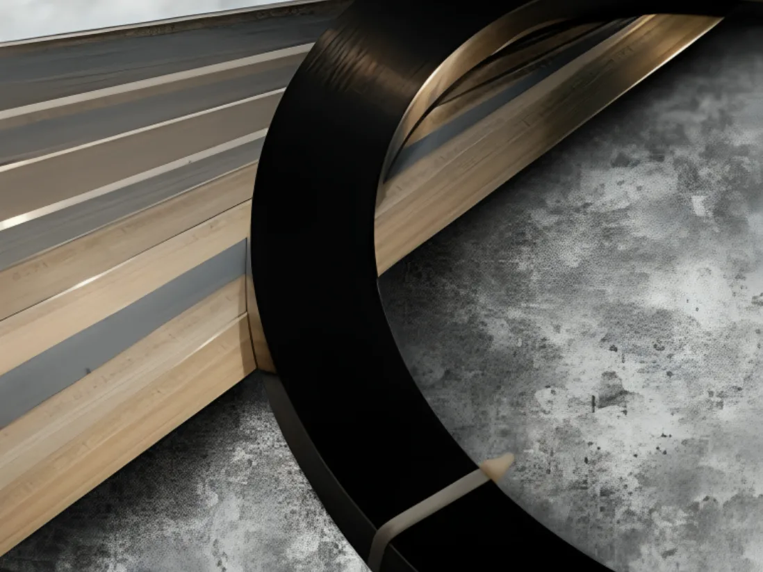 Coiled steel creasing rule beside stacked cutting rule on a workshop floor